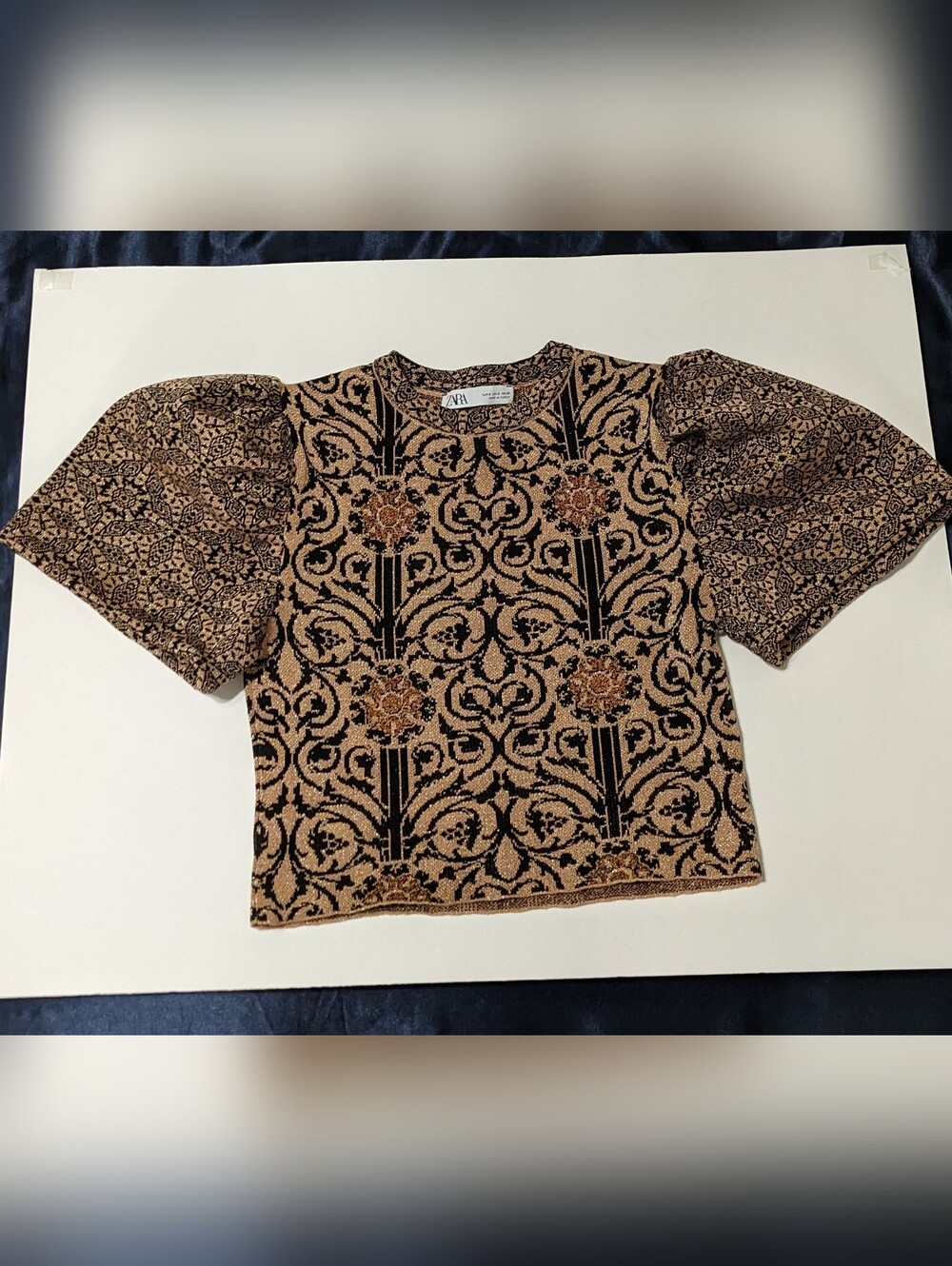 Zara Black & Brown Floral Jacquard Puff-Sleeve Top